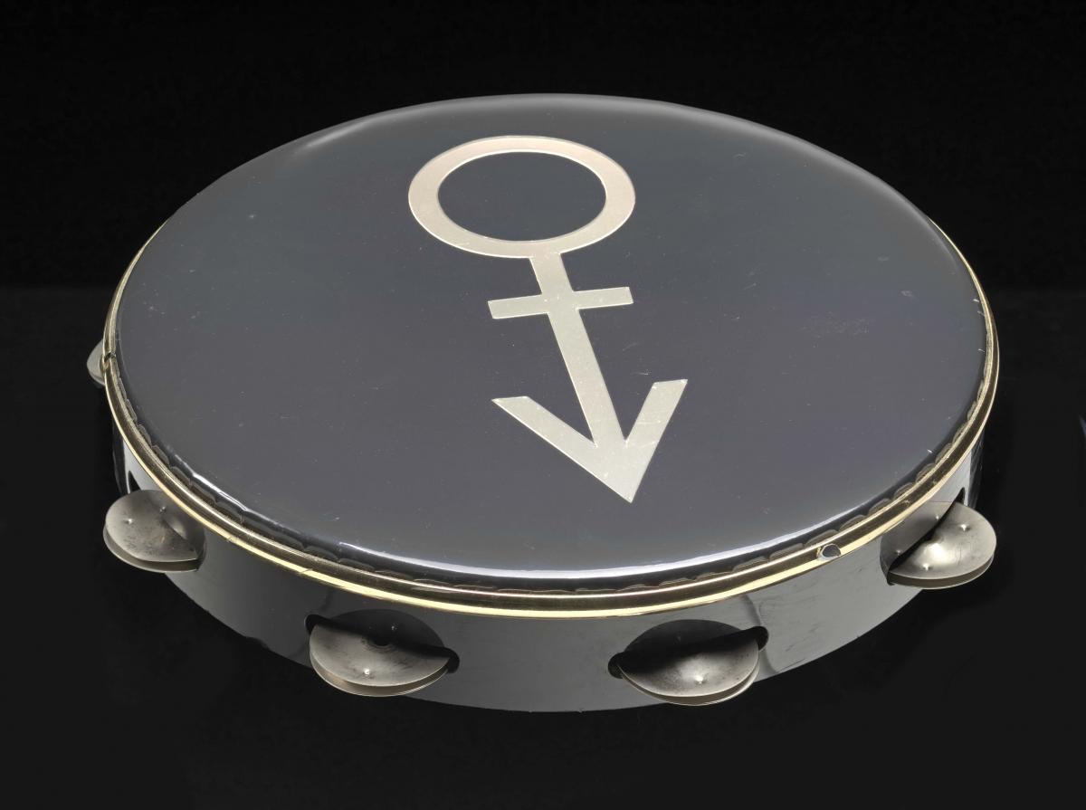 Tambourine used on stage at Wembley Stadium during Prince's Nude Tour, 1990, Collection of the Smithsonian National Museum of African American History and Culture