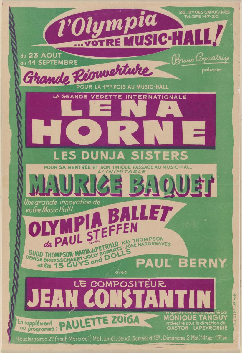 Poster for a Lena Horne performance at the Olympia Music Hall, 1954, Collection of the Smithsonian National Museum of African American History and Culture