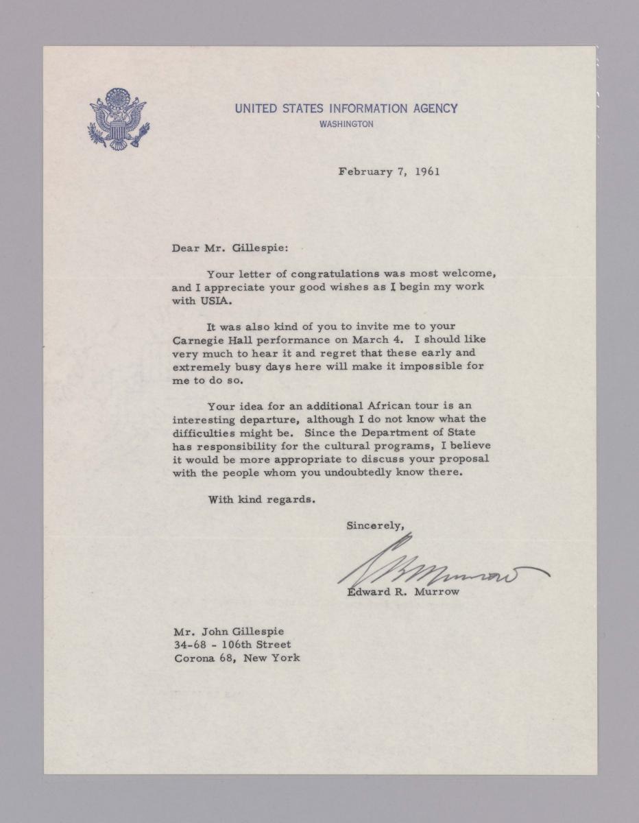 Letter to Dizzy Gillespie from Edward R. Murrow regarding an African tour, February 7, 1961, Collection of the Smithsonian National Museum of African American History and Culture, Gift of Paxton and Rachel Baker