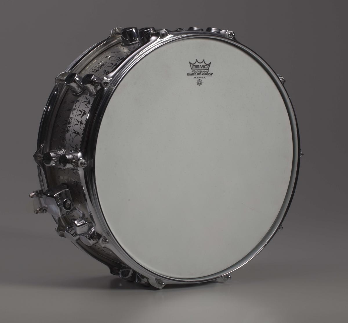 Custom Mapex black panther snare drum owned by Will Calhoun, 2005, Collection of the Smithsonian National Museum of African American History and Culture, Gift of Will Calhoun