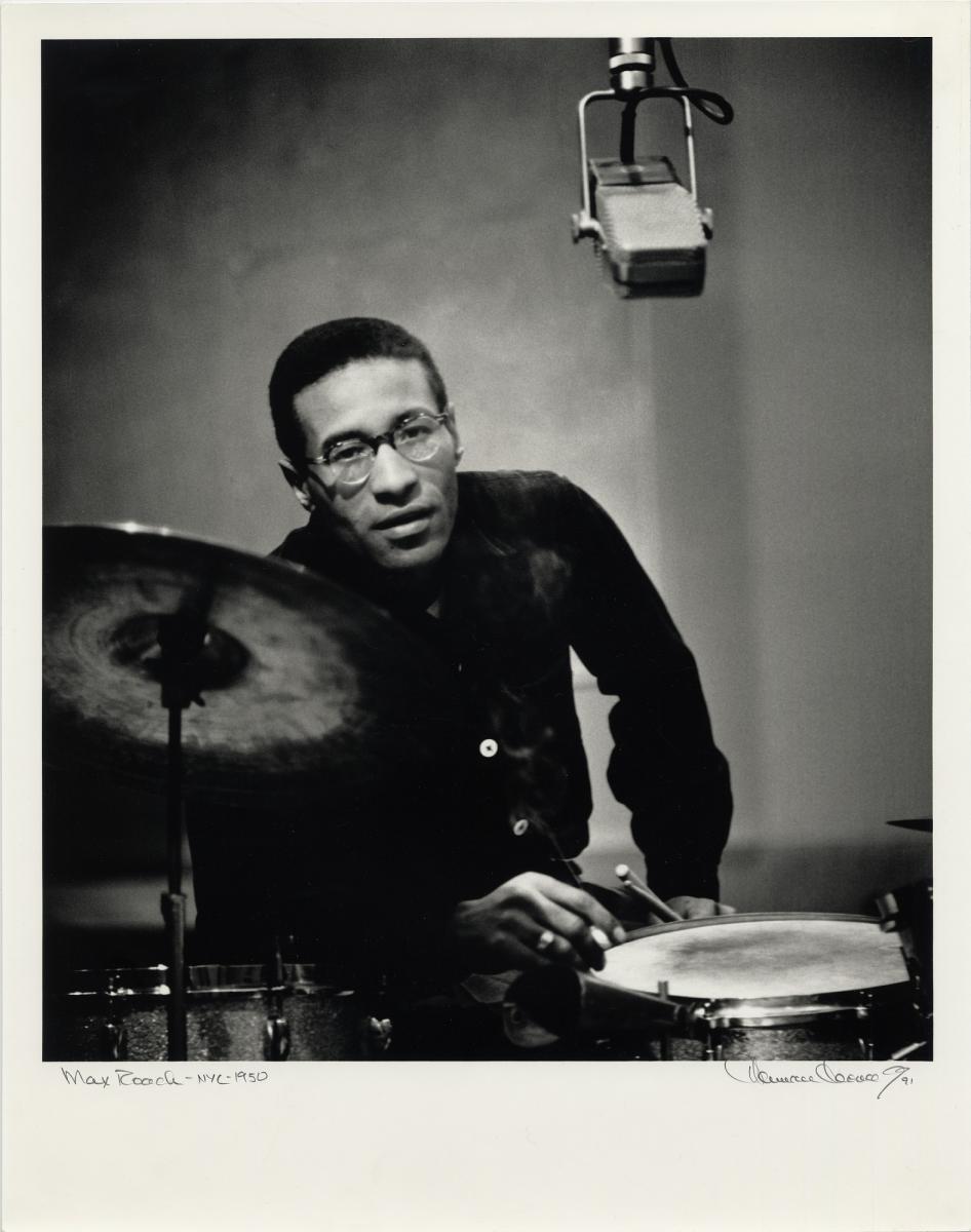 Jazz musician Max Roach, New York City, 1950.Herman Leonard Photographic Collection, Archives Center, National Museum of American History.