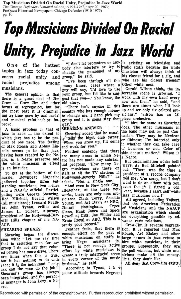 Top Musicians Divided on Racial Unity, Prejudice in Jazz World  The Chicago Defender (National edition) (1921-1967); Apr 20, 1963