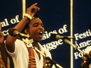 Members of the South African Double Quartet perform South African protest songs in the Musics of Struggle program at the 1990 Festival of American Folklife in Washington, D.C.